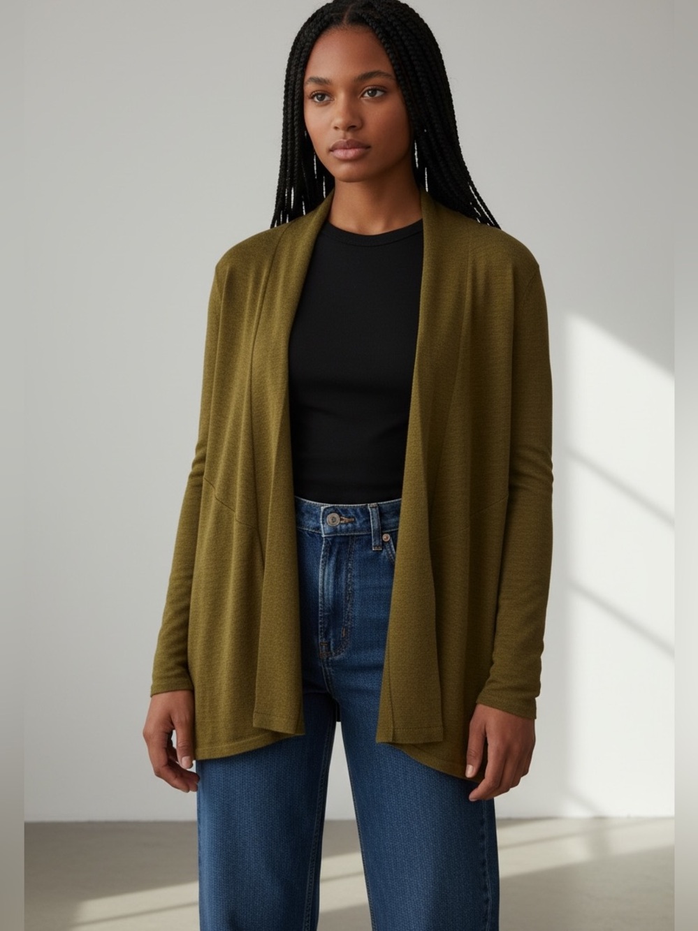 Eileen Fisher Olive Green 100% Wool Open Front Knit Cardigan Sweater Size L